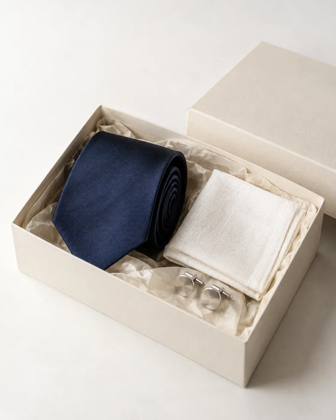 Navy silk tie, linen pocket square and cufflinks in a gift box