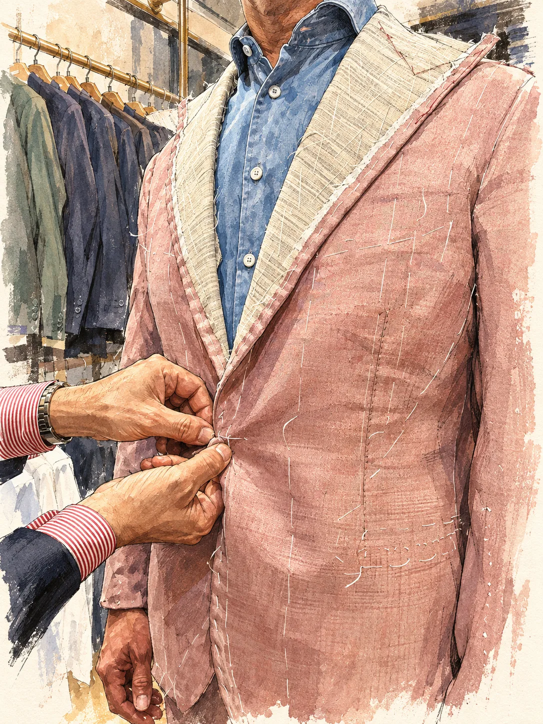 Tailor pinning a basted bespoke jacket at a fitting