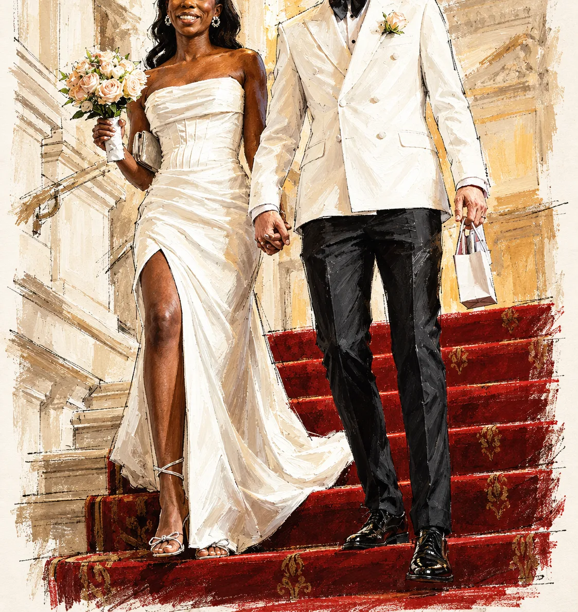 Groom in an ivory double-breasted dinner jacket with his bride on a red-carpeted staircase